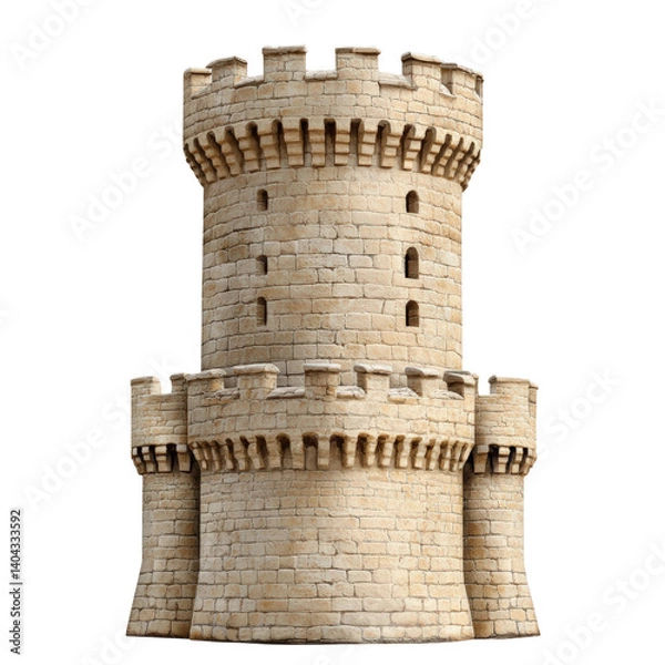 Fototapeta Majestic castle structure with towering walls and ornate features set against a clear blue sky isolated on a white background.