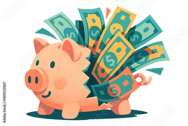 Obraz Bursting Piggy Bank with Flying Bills – Transparent Background

