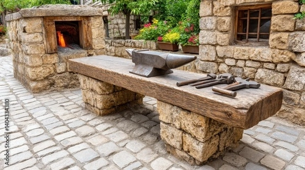 Obraz Rustic Blacksmith's Workshop with Anvil and Tools