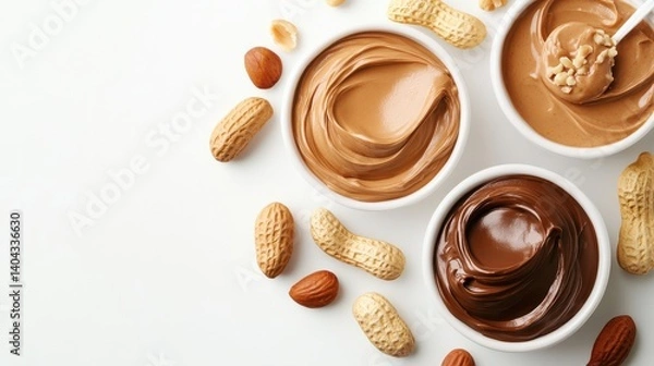 Fototapeta Assorted Nut Butters in Bowls Surrounded by Nuts on White Background for Healthy Snacking