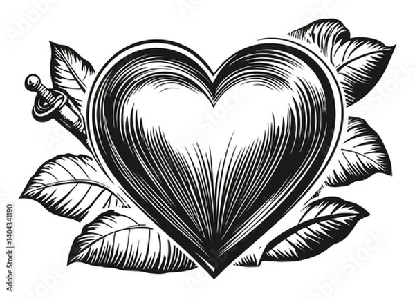 Obraz Heart Engraving with Leaves and Sword Design for Vintage Artwork