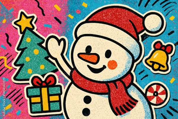 Obraz Cute Snowman with Christmas Tree and Gift on Retro Festive Background