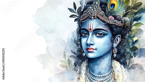 Obraz Serene Watercolor Painting of Krishna, Hindu Deity, with Peacock Feather