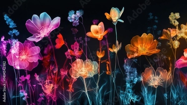 Obraz X-ray style image of a wildflower meadow with glowing, translucent petals in varying shapes and sizes. The ethereal, dreamy composition reveals delicate floral structures in stunning detail