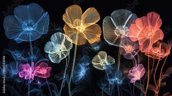 Obraz X-ray style image of a wildflower meadow with glowing, translucent petals in varying shapes and sizes. The ethereal, dreamy composition reveals delicate floral structures in stunning detail