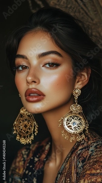 Obraz Portrait of a classic beauty woman with retro wave hairstyle, wearing elegant gold chandelier earrings. Timeless glamour and vintage-inspired elegance in a studio setting