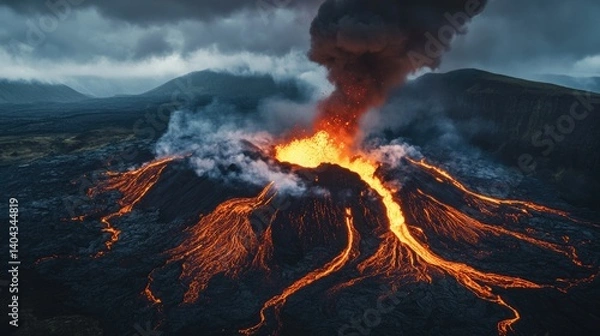 Obraz A powerful volcano erupts, releasing rivers of molten lava and billowing smoke into the sky. This raw spectacle showcases nature’s incredible force and beauty
