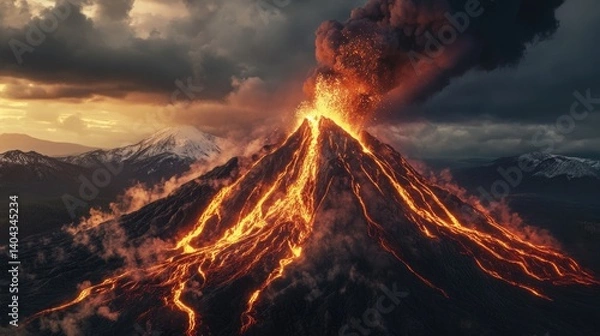 Obraz A powerful volcano erupts, releasing rivers of molten lava and billowing smoke into the sky. This raw spectacle showcases nature’s incredible force and beauty