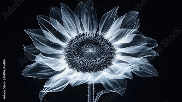 Obraz A high-resolution X-ray view of a sunflower, its large petals glowing with delicate translucency, intricate central disk details, soft contrast, high-contrast black background
