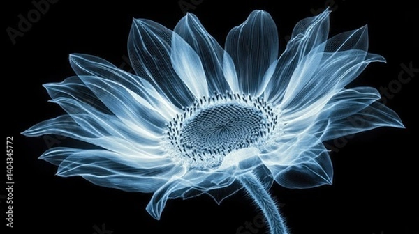 Obraz A high-resolution X-ray view of a sunflower, its large petals glowing with delicate translucency, intricate central disk details, soft contrast, high-contrast black background