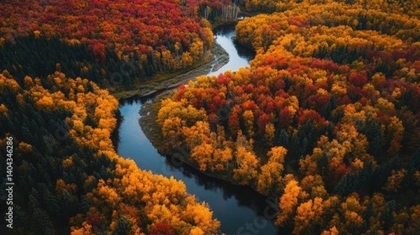 Obraz A mesmerizing aerial view of a dense autumn forest, trees in shades of red, orange, and yellow, winding river cutting through the landscape