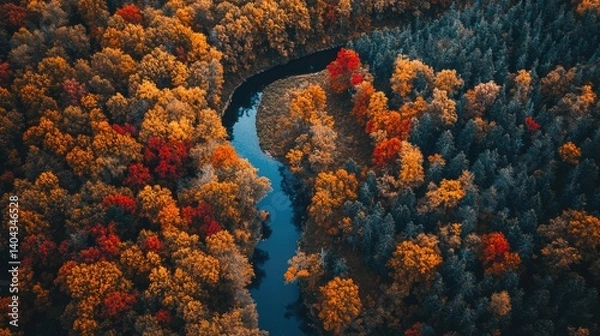 Obraz A mesmerizing aerial view of a dense autumn forest, trees in shades of red, orange, and yellow, winding river cutting through the landscape
