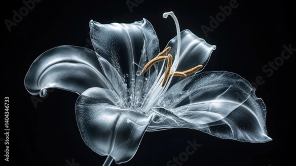 Obraz A mesmerizing X-ray view of a lily, some petals gently floating in the air, glowing translucent structure, artistic composition, cinematic lighting, high-contrast black background
