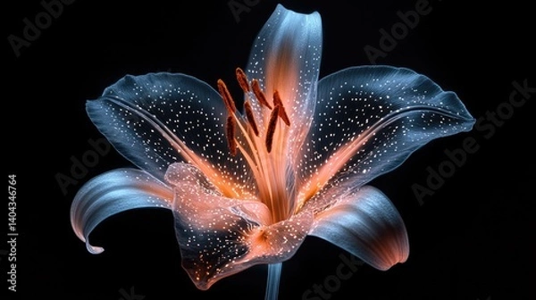 Obraz A mesmerizing X-ray view of a lily, some petals gently floating in the air, glowing translucent structure, artistic composition, cinematic lighting, high-contrast black background
