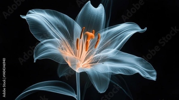 Obraz A mesmerizing X-ray view of a lily, some petals gently floating in the air, glowing translucent structure, artistic composition, cinematic lighting, high-contrast black background