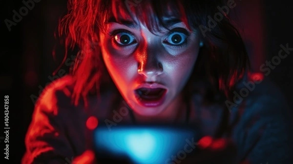 Obraz Close-up of a shocked person staring at their phone screen after accidentally sending an embarrassing text to the wrong contact. The expression of regret and the revealing message capture a relatable 