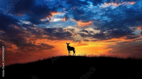 Obraz Silhouette of a wildebeest standing on the horizon against a dramatic African sunset sky. A powerful wildlife moment capturing the beauty and solitude of the savannah