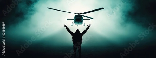 Fototapeta Dramatic Silhouette of a Person with Helicopter Against Foggy Background