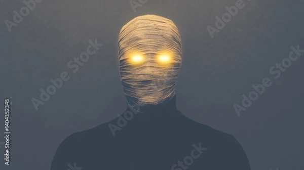 Fototapeta A figure wrapped in bandages with bright glowing eyes stands in a dimly lit space, emitting an eerie presence and unsettling aura