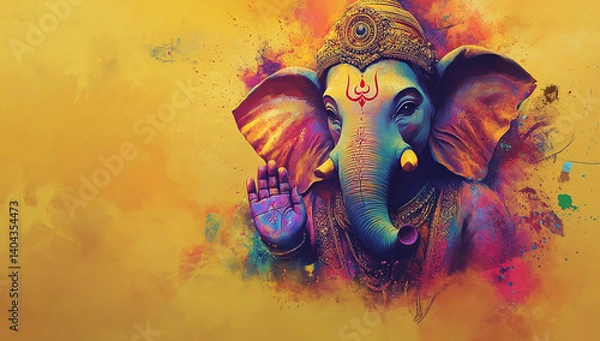 Obraz Radiant Ganesha: A vibrant and colorful digital painting of Lord Ganesha, a symbol of wisdom and prosperity, set against a golden backdrop.