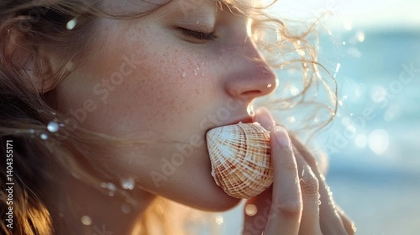 Obraz Close-up of a woman mermaid gently holding a seashell near her lips, soft beach wind moving her hair, sparkling ocean waves in the blurred background, delicate and serene expression