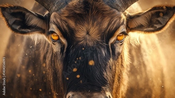 Obraz close-up portrait of a majestic wildebeest, deep golden eyes reflecting the sunlight