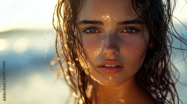Obraz A young woman with freckles closes her eyes, embracing the gentle ocean breeze and the sun’s golden warmth. Her subtle smile and the soft-focus beach behind her capture a moment of pure serenity