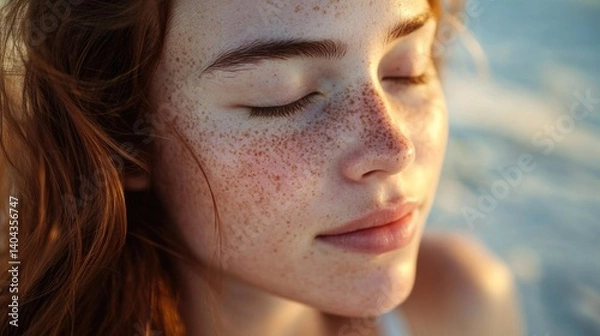 Obraz A young woman with freckles closes her eyes, embracing the gentle ocean breeze and the sun’s golden warmth. Her subtle smile and the soft-focus beach behind her capture a moment of pure serenity
