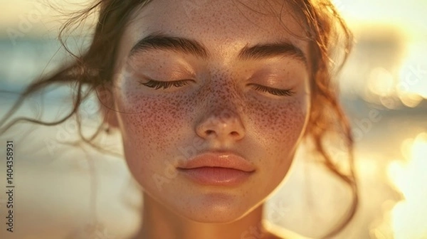 Obraz A young woman with freckles closes her eyes, embracing the gentle ocean breeze and the sun’s golden warmth. Her subtle smile and the soft-focus beach behind her capture a moment of pure serenity