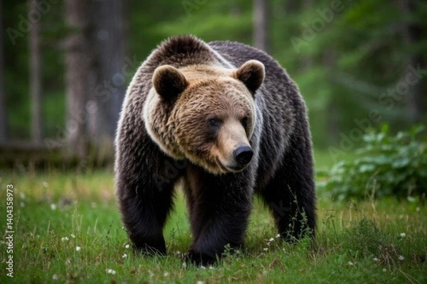 Obraz there is a brown bear walking in the grass in the woods