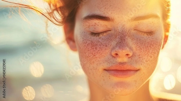 Obraz A young woman with freckles closes her eyes, embracing the gentle ocean breeze and the sun’s golden warmth. Her subtle smile and the soft-focus beach behind her capture a moment of pure serenity