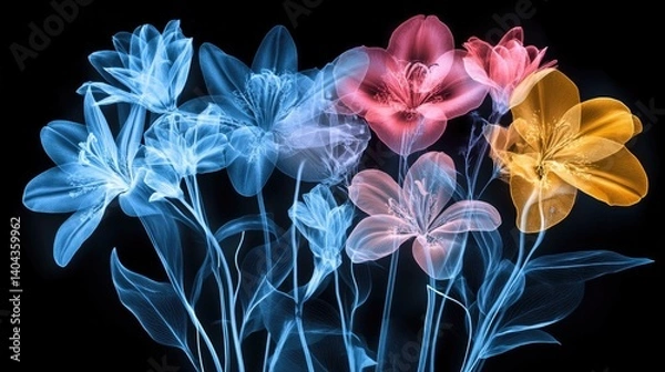 Obraz X-ray style image of a wildflower meadow with glowing, translucent petals in varying shapes and sizes. The ethereal, dreamy composition reveals delicate floral structures in stunning detail