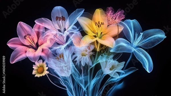 Obraz X-ray style image of a wildflower meadow with glowing, translucent petals in varying shapes and sizes. The ethereal, dreamy composition reveals delicate floral structures in stunning detail