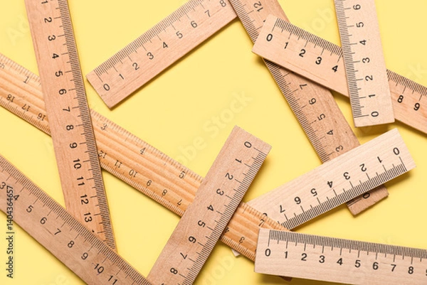 Obraz Wooden rulers on yellow background