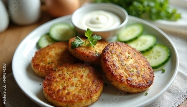 Fototapeta Vegetarian cutlets served with cucumber slices and sauce. Healthy meal for lunch or dinner. Vegetarian cuisine, vegan food, diet. Fresh vegetables, tasty meal.