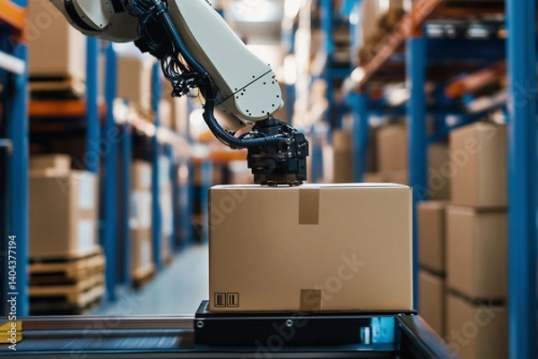 Fototapeta robot is working on a box in a warehouse. The robot is white and has a blue arm