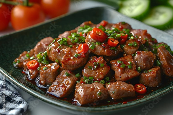 Obraz Savory Gizzards with Blackberry Glaze and Peppers on a Plate