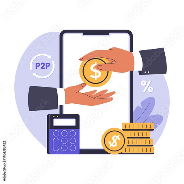 Fototapeta Peer to Peer Lending Illustration. P2P Finance, Online Investment, and Digital Loan Concept. Illustration for websites, landing pages, mobile apps, posters and banners