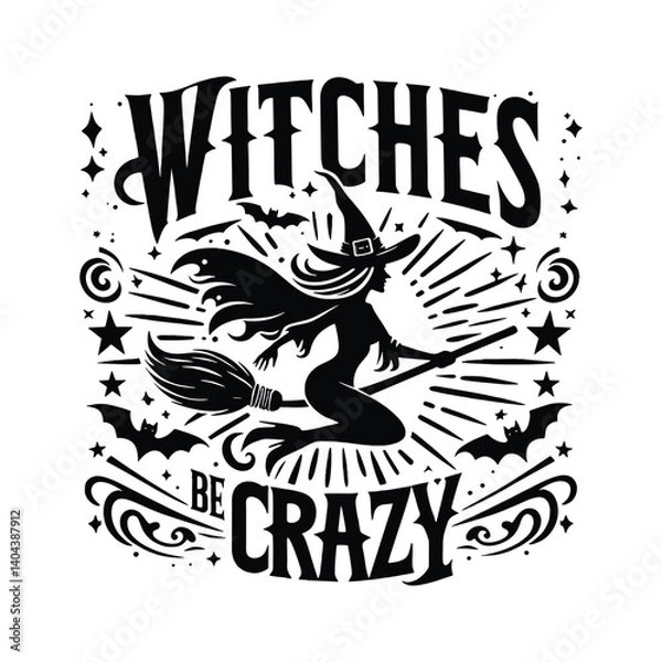 Fototapeta Black silhouette of a witch flying on a broomstick surrounded by bats and stars, with decorative text for Halloween themes or designs celebrating fun and playful witchy concepts and traditions.