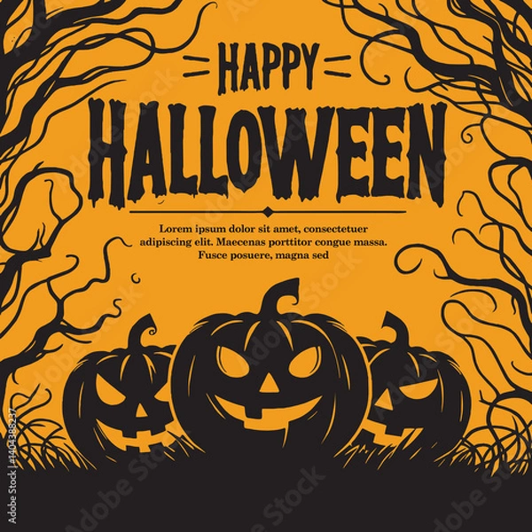 Obraz Creepy silhouettes of pumpkins and branches create an eerie Halloween theme. A bold greeting complements the orange and black aesthetic, perfect for celebrating the spooky holiday.