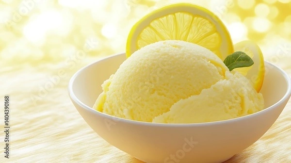 Obraz Lemon Ice Cream scoop in bowl with lemon slices