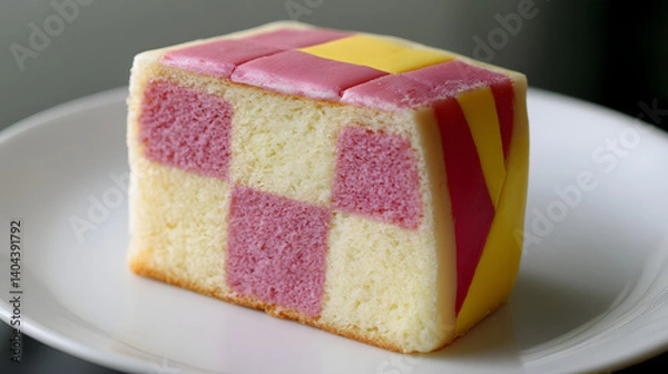 Obraz Close-up Photorealistic Image of Neatly Sliced Battenberg Cake with Distinct Yellow and Pink Patterns