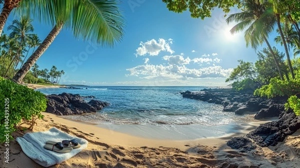 Obraz Tropical Beach Paradise with Calm Ocean and Lush Greenery Under Sunlight