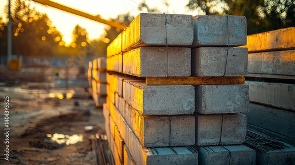 Obraz Stacked Concrete Blocks at Construction Site During Golden Hour Light