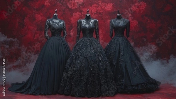 Obraz Elegant Black Dresses Display Against Red Floral Background