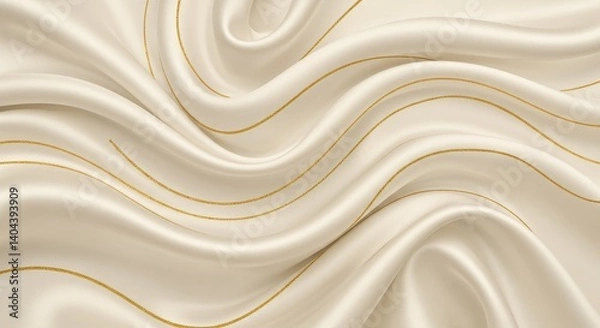 Fototapeta Elegant beige silk fabric with golden lines in wave pattern