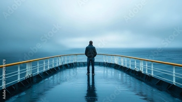 Obraz Man Standing Alone on a Ship Deck Facing Calm Ocean and Atmospheric Skies