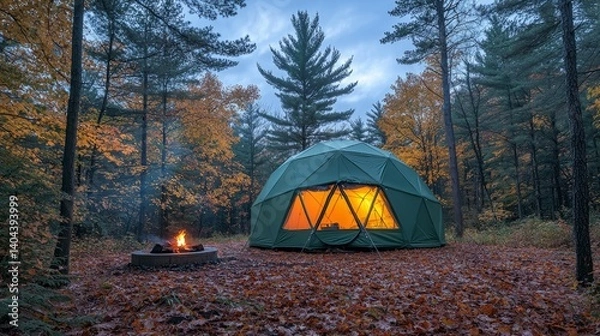Obraz Cozy Geodesic Dome Tent in Autumn Forest with Fire Pit and Leaves