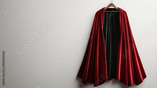 Obraz Elegant Red Velvet Cape Hanging on Wooden Hanger Against Neutral Background