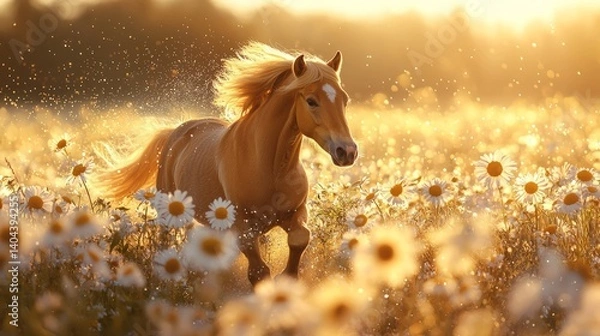 Obraz Golden Horse Gallops Through Sunlit Flower Field in Warm Evening Light